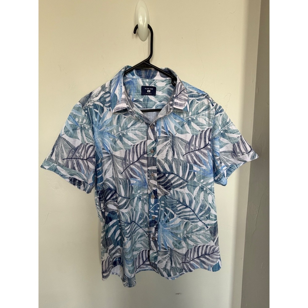 Island Crew Hawaii Men Medium Blue Tropical Palm Leaf 4-Way Stretch Button Shirt